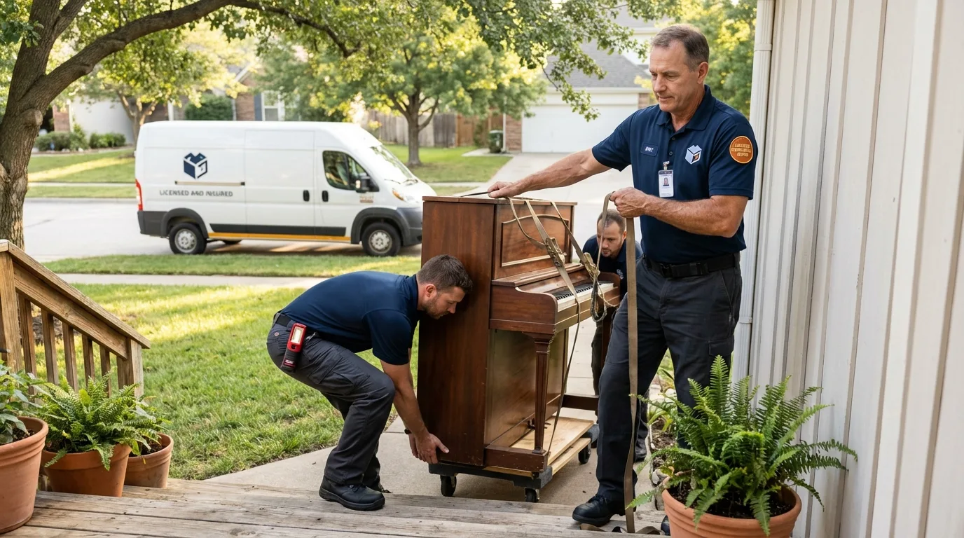 Licensed piano movers securing grand piano in Groveton, NH