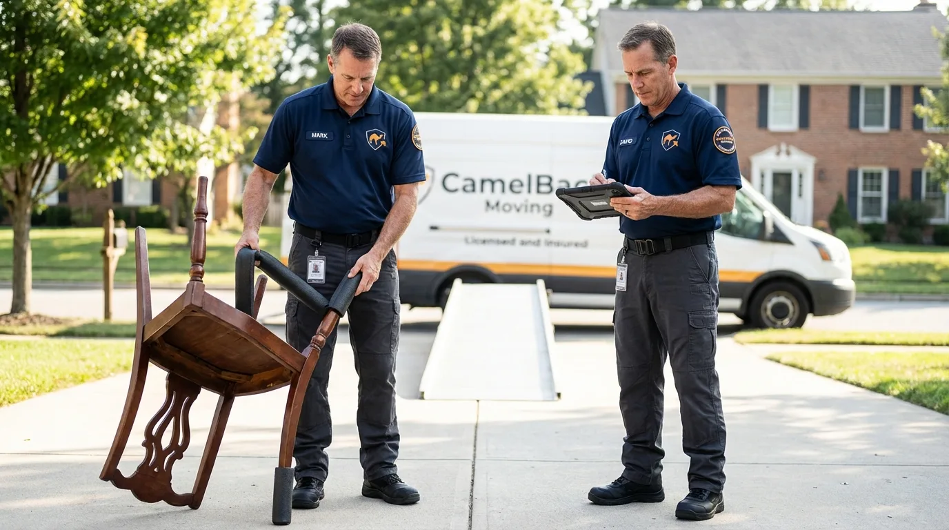 Movers inspecting furniture for damage prevention before loading in Groveton, NH