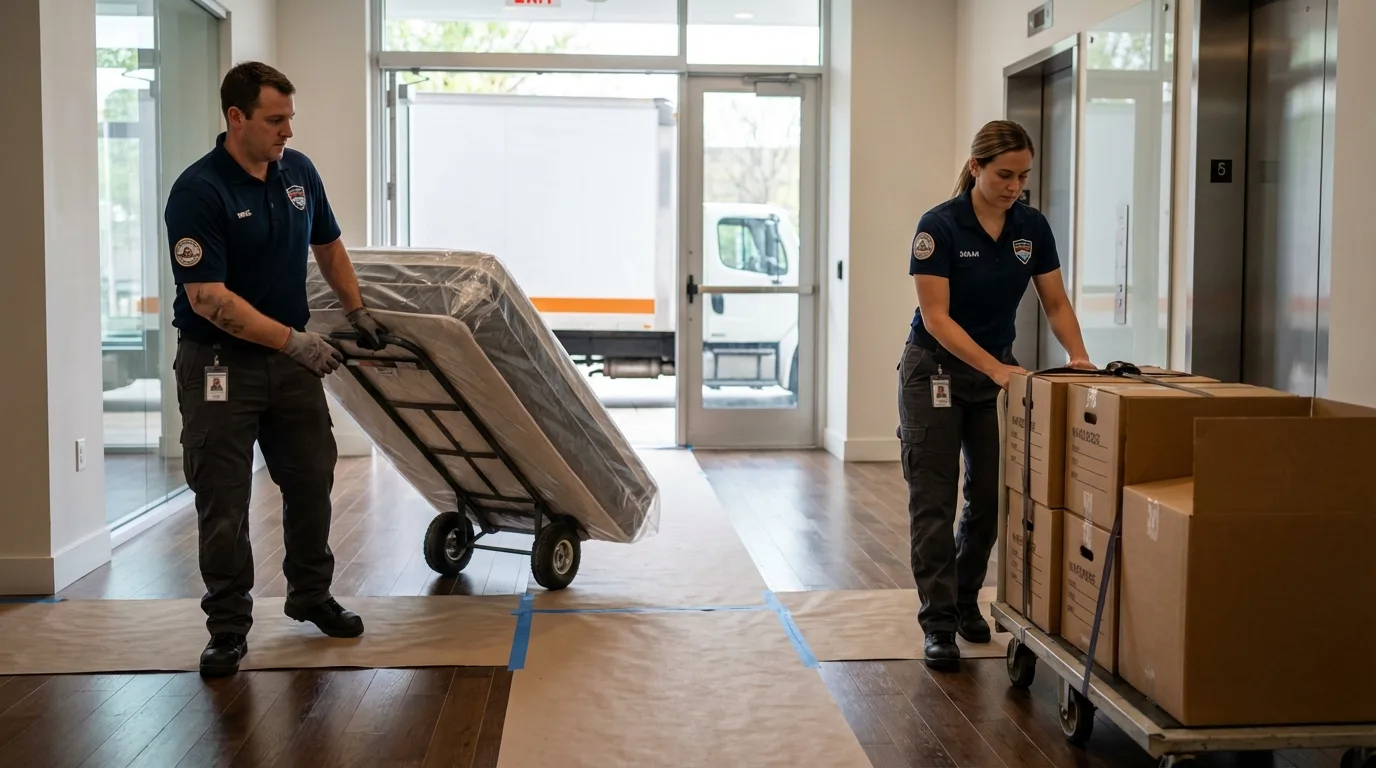 Professional apartment movers loading elevator in Groveton, NH